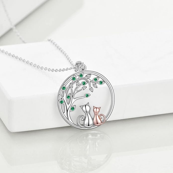 Celtic Moon Black Cat Necklace for Women - Abalone Tree of Life Sterling Silver Cat Lovers Jewelry