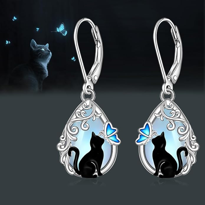 Cat Earrings Moonstone Black Cat Earrings for Women Sterling Silver Cute Filigree Cats Butterfly Dangle Drop Earring Jewelry Leverback Halloween Christmas Gifts