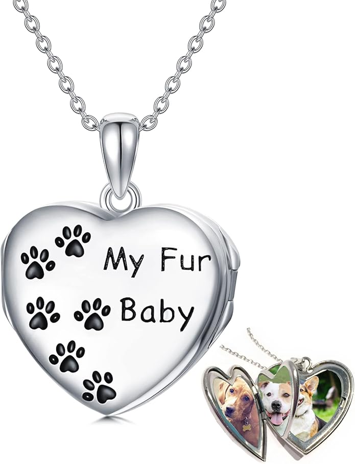 Personalized Paw Print Heart Locket Necklace 925 Sterling Silver That Holds Pictures Puppy Dog Cat Pet Pendant Jewelry for Women