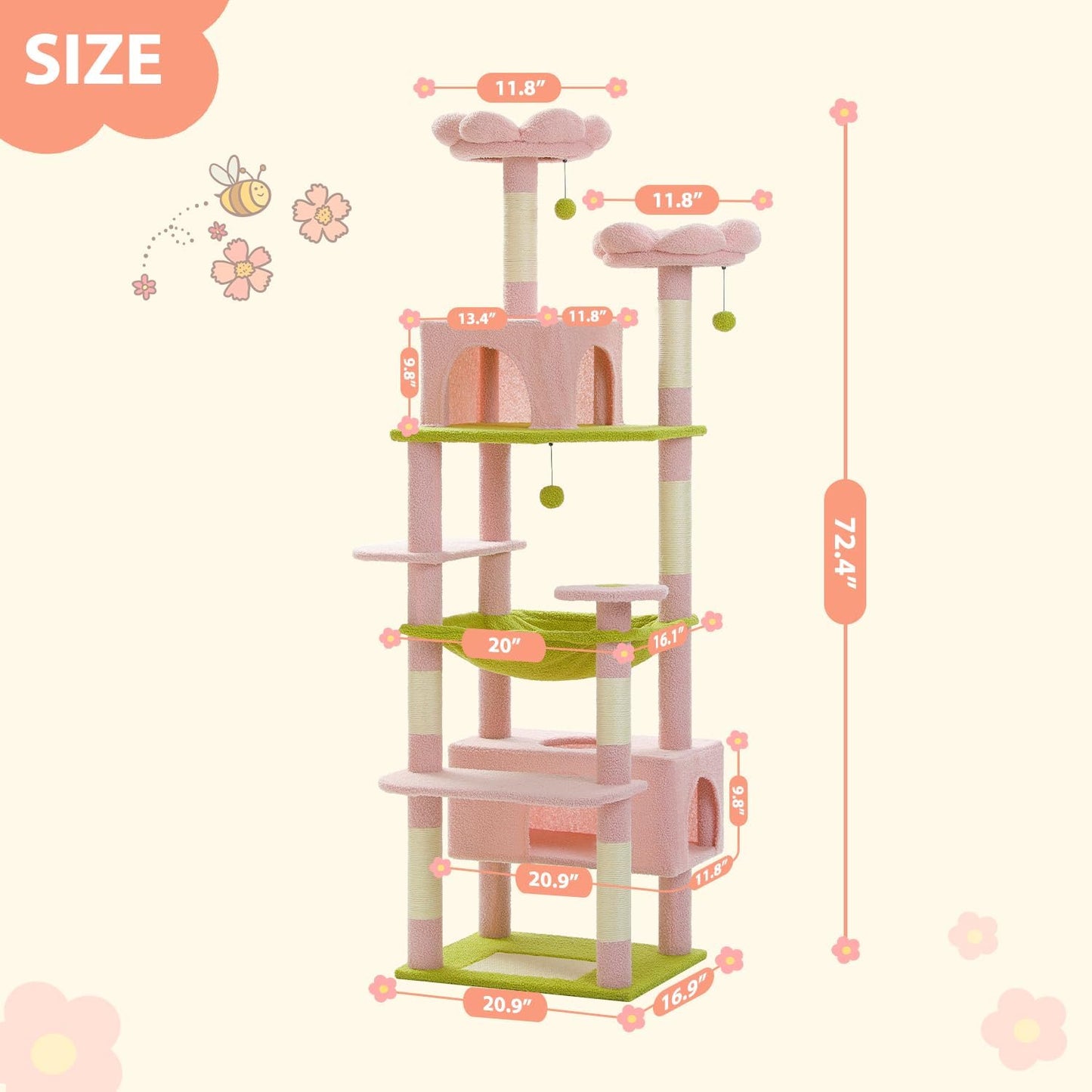 PAWZ Road Flower Cat Tree, 72 Inches Large Cat Tower with Steel Frame Hammock and 7 Scratching Posts, Tall Cat Tree with 2 Condos and Perches for Large Indoor Cats - Pink