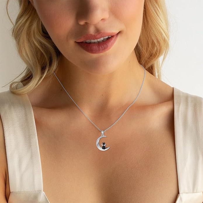 Diamond Moon and Cat Necklace for Women 925 Sterling Silver Cat Angel on the Moon Pendant with Lab Grown Diamonds Cat Angel Memorial Jewelry Gifts for Cat Lover