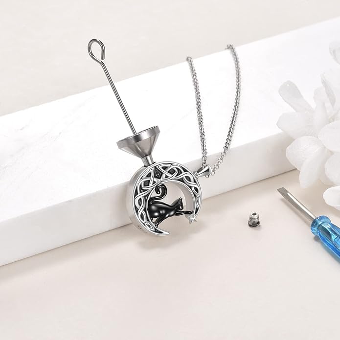 Celtic Moon Black Cat Necklace for Women - Abalone Tree of Life Sterling Silver Cat Lovers Jewelry