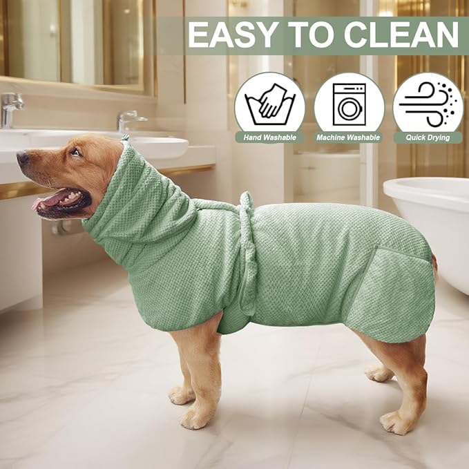 Medium to Large Size Dog Bathrobe, Quick Drying Super Absorbent Used for After Bathing, Warm Dog Towels, Adjustable Hoodies and Belts for Pet Dogs Bath Clothes Products(Green Jacquard, 2XL)