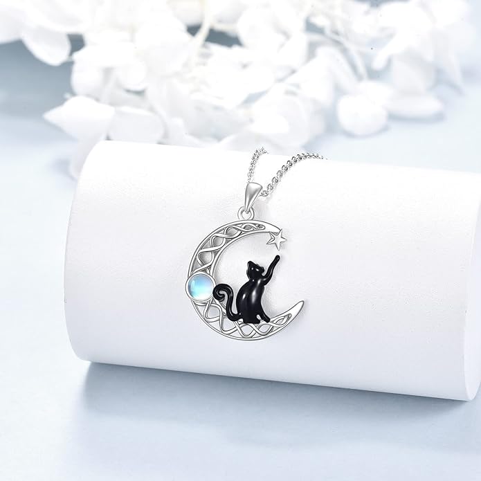 CRMAD Black Cat Necklace for Women Sterling Silver Moonstone Cat Jewelry Irish Gifts