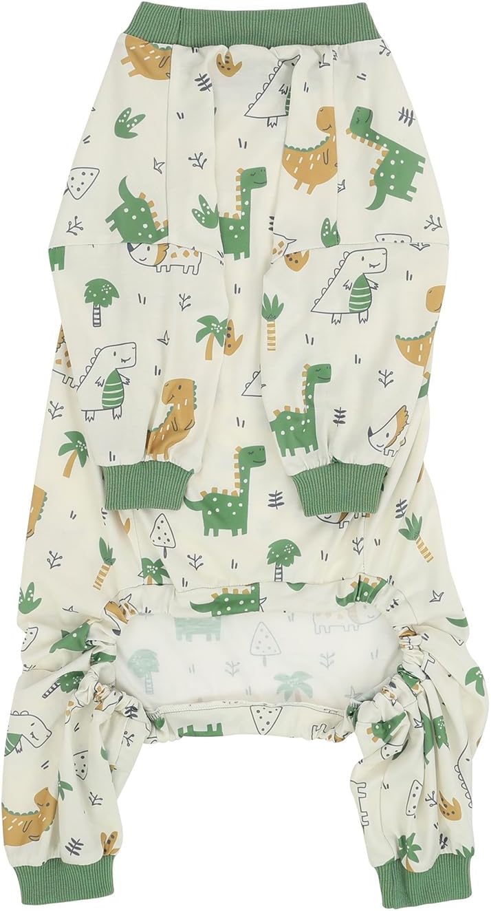 HDE Dog Pajamas One Piece Jammies Jumpsuit Pet Clothes Outfit Stretchy Lightweight Comfy Shirt Pjs for M-3XL Dogs Forest Dinos - L