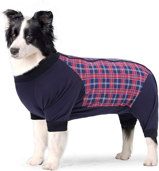 Dog Recovery Suit, Abdominal Wound After Surgery Wear, Anti Licking Bodysuit with Zipper, E-Collar & Cone Alternatives, Plaid Dog Spay Surgical Onesie Prevent Shedding(Small, Red)