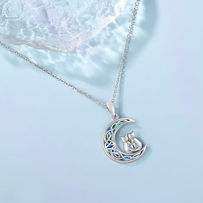 Odinstone Cat Necklace, S925 Sterling Silver Cat on Moon Pendant with Cubic Zirconia, Cat Jewelry Mothers Day Gifts for Mum with Gift Package - I Love You Forever