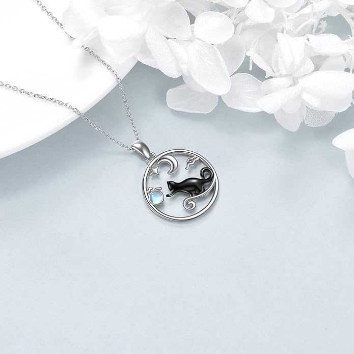 CRMAD Black Cat Necklace for Women Sterling Silver Moonstone Cat Jewelry Irish Gifts