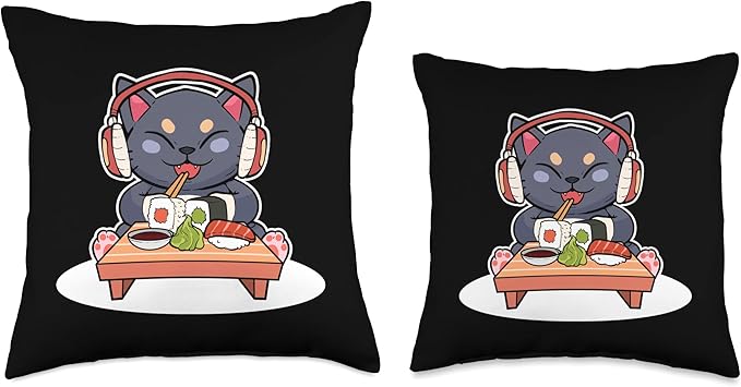 Cute Sushi Cat Anime Figure Japanese Culture Ramen Manga Art Throw Pillow