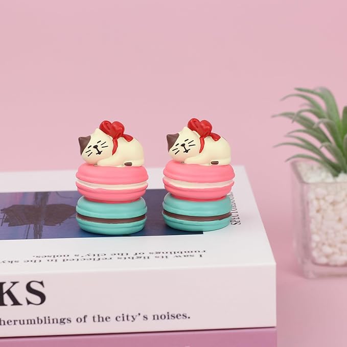 Cute Miniature Cat Figurine Resting on Macaron Resin Mini Cat Figures, Kitten Miniature Desk Accessories - Perfect Cute Cat Gift for Cat Lovers