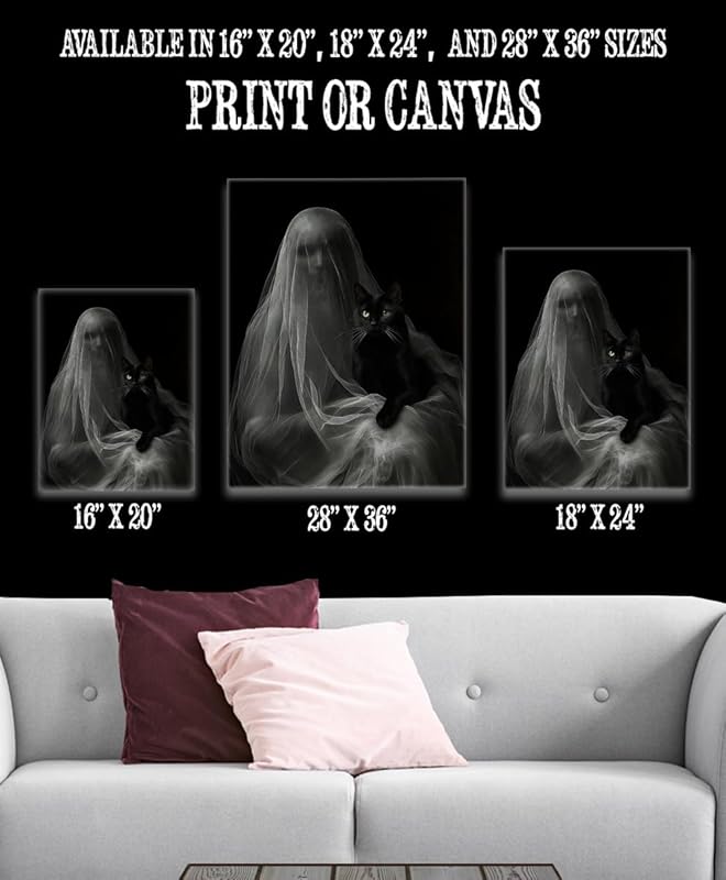 Ghost with a Black Cat Halloween Poster - Dark Academia Gothic Home Decor, Eerie Mystery Figure Art Print for Halloween Enthusiasts and Unique Wall Art Collectors (Stretched Canvas, 28" x 36")