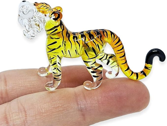 WitnyStore Tiny 1¾" Long Yellow Black Standing Tiger Roaring Figurine - Miniature Hand Blown Painted Glass Panthera Wild Cat Small Crystal Wildlife Animals Decorative Collectible Figurines Décor Gifts