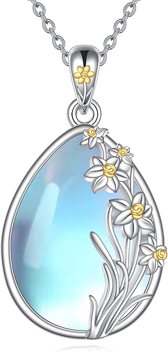 CRMAD Daisy/Black Cat/Dragonfly/Daffodil/Hummingbird/Stingray/Phoenix Feather/Rose Necklace Sterling Silver Moonstone Teardrop Pendant Necklace Flower Animal Jewelry Gifts for Women