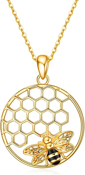LUHE Bee Necklace 925 Sterling Silver Honeycomb Cute Flower Pendant Necklaces for Women Gifts for Her Women