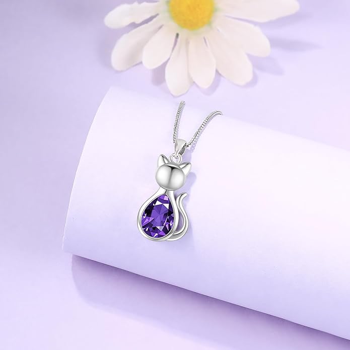 Odinstone Cat Birthstone Necklaces Jewelry Sterling Silver Cat Pendant Necklace Gift for Women Gifts, 18'' Silver Box Chain Women's Birthstone Crystal Cat Jewelry Gifts