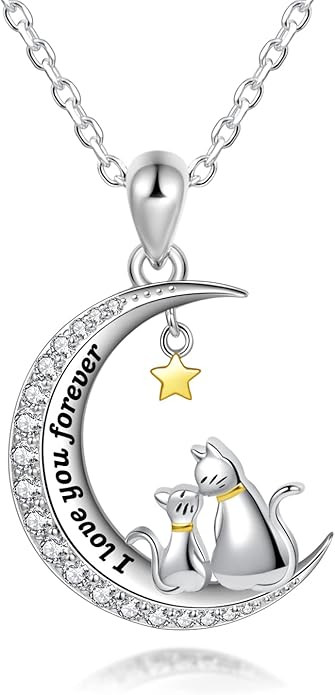 Cat/Rabbit/Bear Necklace 925 Sterling Silver Animal on Moon Pendant Necklace Jewelry Gifts for Women