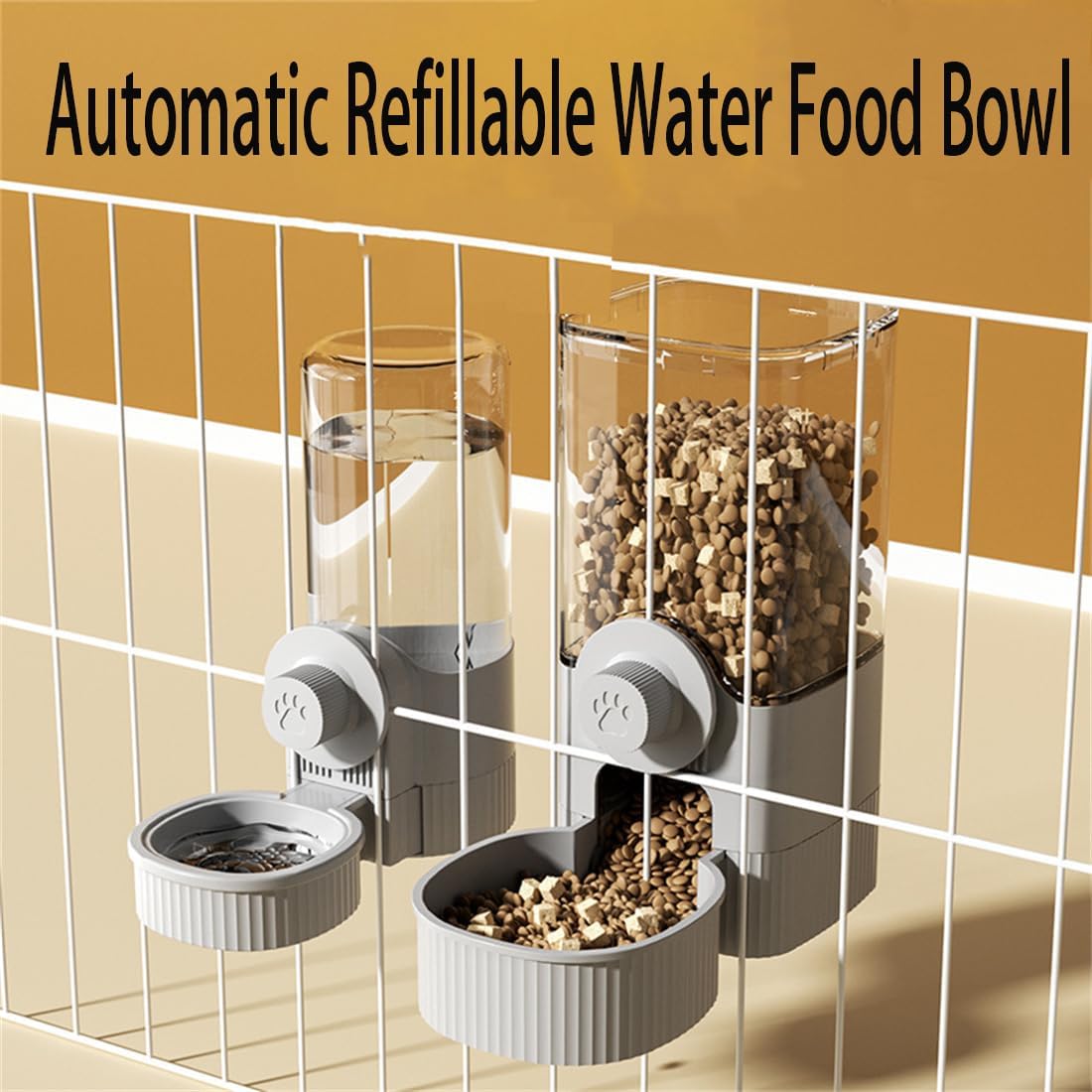 Hanging Automatic Bunny Food Water Dispenser, Gravity Rabbit Cage Feeder and Water Dispenser Ferret Cages Accessories, Cage Cat Food Bowl, for Chinchilla Guinea Pig Hedgehog (Grey)