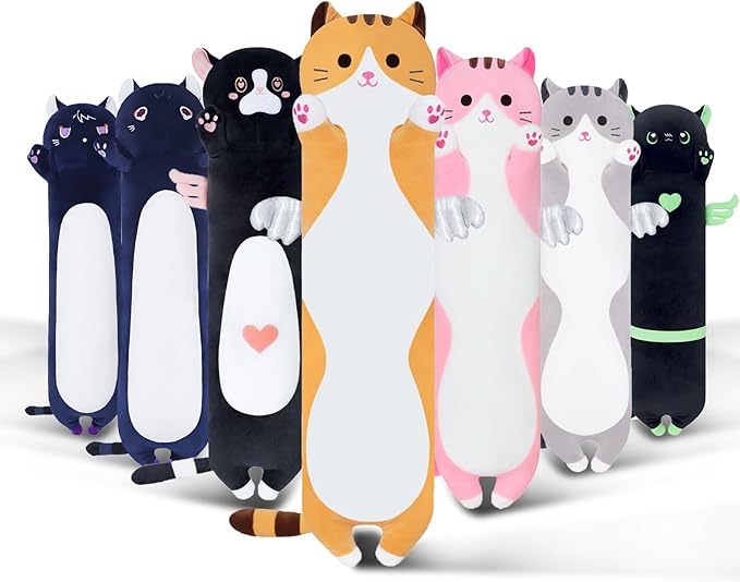 Long Cat Plush Body Pillow, Cute Cat Plush Toy Pillows with Wings, Stuffed Animals Kitten Soft Plushies Gifts for Kids Girls Girlfriend(Yellow, 43.3in/110cm)