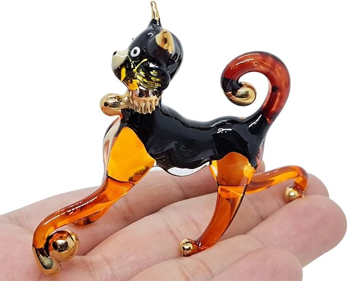 Tiny 2⅞" Black Brown Standing Play Ball Cat Figurine Miniature Hand Blown Painted Glass Cats Kitten Feline Animals Cute Crystal Decorative Collectible Figurines Décor Gifts