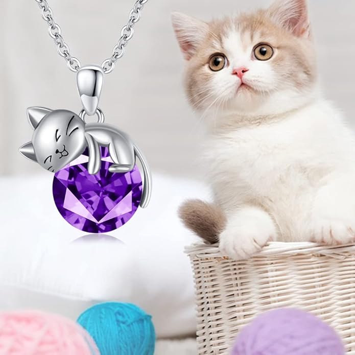 LONAGO Cat Necklace with Birthstone 925 Sterling Silver Cat Pendant Necklace Gift for Women
