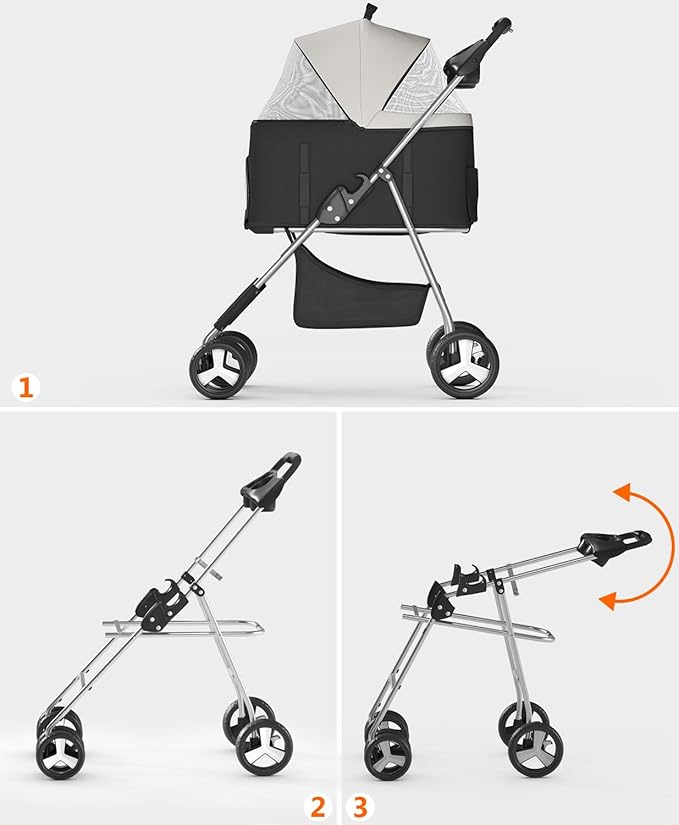 Pet Stroller with 4 Wheels for Small/Medium Pets,Travel Foldable Detachable Carrier for Dog Cat Cage Jogger Stroller, Rear Wheel Breaks, Storage Basket, Visible Mesh Weather Cover (Black)
