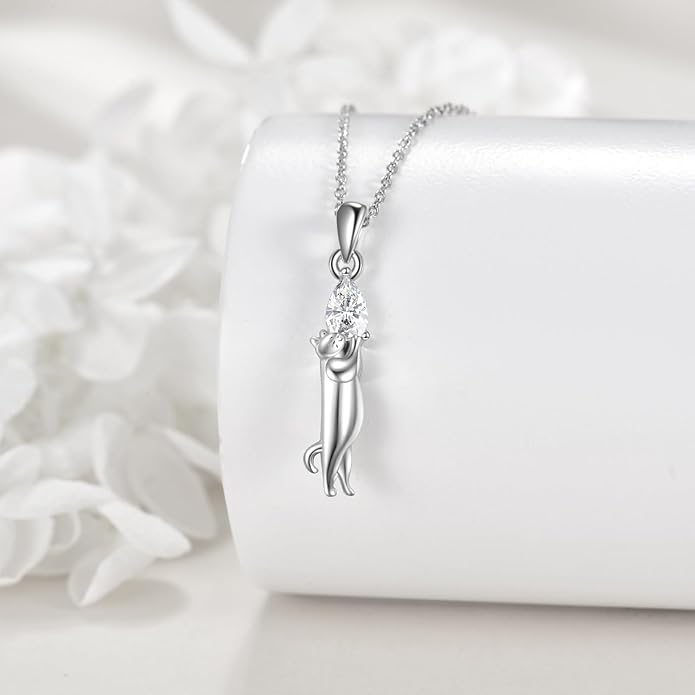 Cat Necklace Sterling Silver Cat Pendnat with Rose Quartz Pearl Jewelry Gifts for Women Cat Lovers