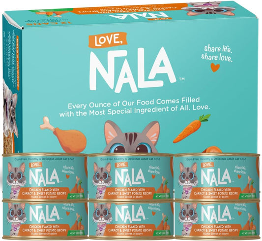 LOVE, NALA - Natural Adult Cat Wet Food - FLAKED Chicken with Carrot & Sweet Potato in Broth - Grain Free, Non-GMO, Lean Protein, Digestive Fiber Blend, Added Minerals & Vitamins - 12 Pack, 2.4 lbs.