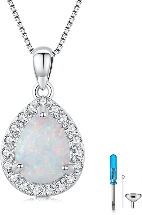 Urn necklace for Ashes 925 Sterling Silver Opal/Turquoise/Moonstone/Moss agate Pendant Cremation Memory Jewelry Keepsake Gifts for Women