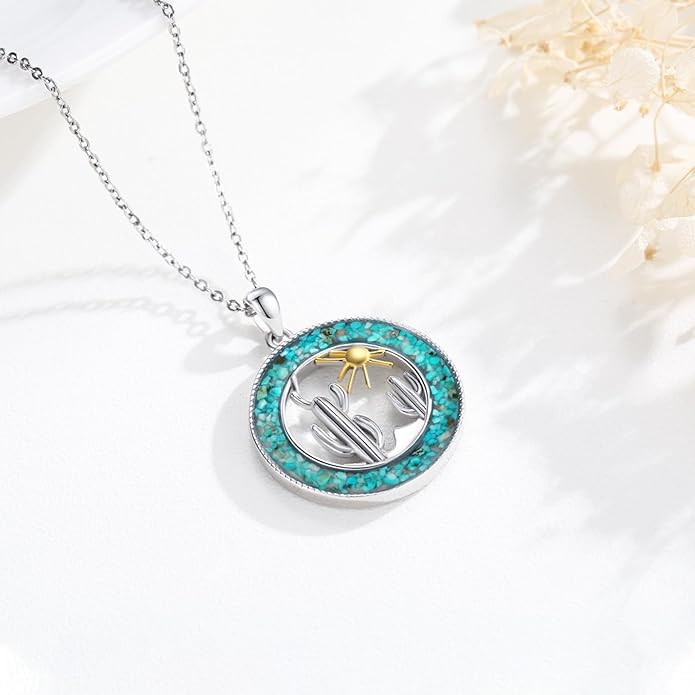 Midir&Etain Western Necklace 925 Sterling Silver Turquoise Pendant Cow Skull/Hat/Tag/Cactus Cowgirl Country Jewelry for Women Men