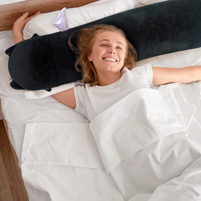 Long Cat Plush Body Pillow, 28” Cute Black Cat Stuffed Animals Soft Plushies, Kawaii Squishy Throw Pillow Doll Toy Gift for Kids Girls Boys