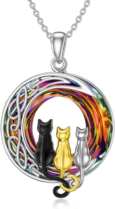TOUPOP Cat Gifts for Cat Lovers 1 2 3 Cats Necklace Sterling Silver Cat on the Moon Pendant Necklace with Blue Circle Crystal Birthday Christmas Celtic Jewelry Gifts for Women