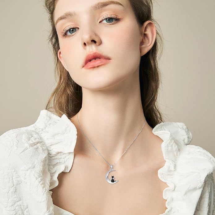 Diamond Moon and Cat Necklace for Women 925 Sterling Silver Cat Angel on the Moon Pendant with Lab Grown Diamonds Cat Angel Memorial Jewelry Gifts for Cat Lover