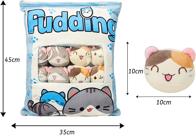 Cat Plush Pillow, Cute Plushies with Kitten Doll, Bag of Removable Kitten Stuffed Animals, Kawaii Plushies Cat Toy for Kids, Gift for Girls Boys Birthday (8 Blue Kitten)