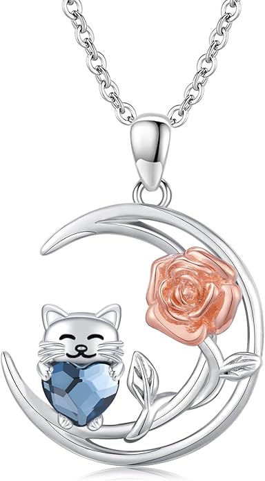 JUSTKIDSTOY Sterling Silver Cute Animal Pendant Necklace with Crystal Cat Pendant - Women's Cat Lovers Jewelry Gift