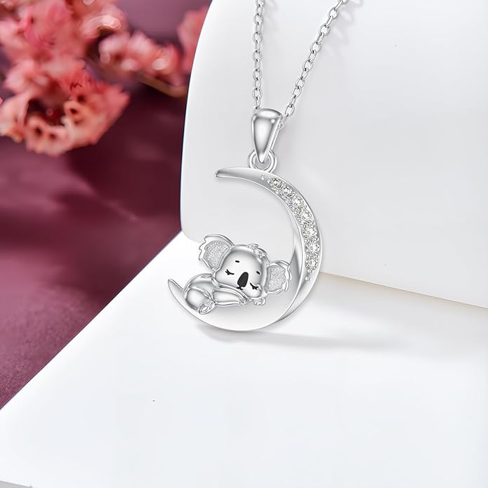 Diamond Black Cat/Red Panda/Sloth/Deer/Unicorn Necklace for Women 925 Sterling Silver Sleeping Animal and Moon Pendant with Lab Grown Diamonds Jewelry Gifts