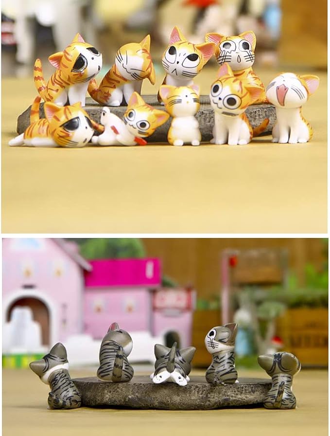 Cute Mini Cartoon Cat Figurines - 8pc PVC Miniatures, Lovely Cat Crafts & Collectibles - Home, Garden, Office, Car & Boutique Decoration - 5 Colors