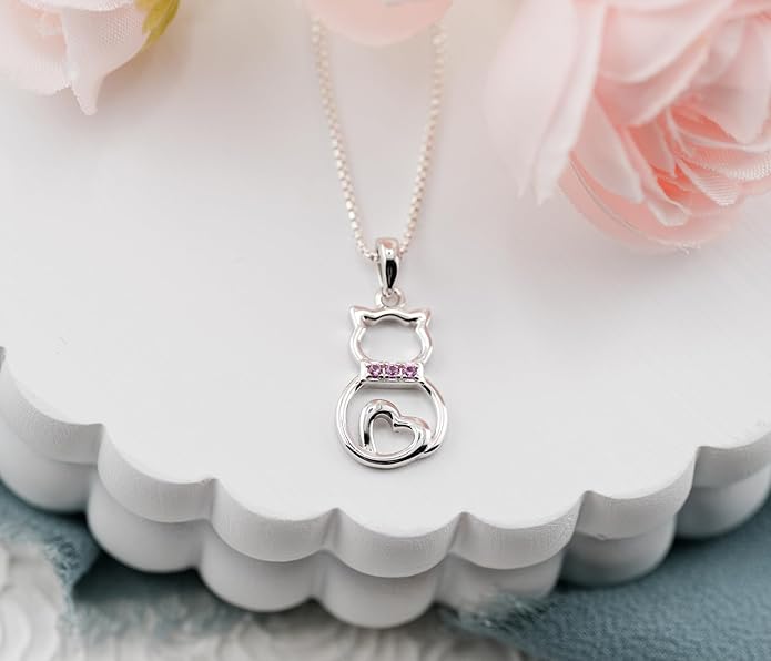 Cherished Moments Girl's Sterling Silver Cat Necklace Gift for Cat Lovers, Toddlers, Kids, Teens, and Women