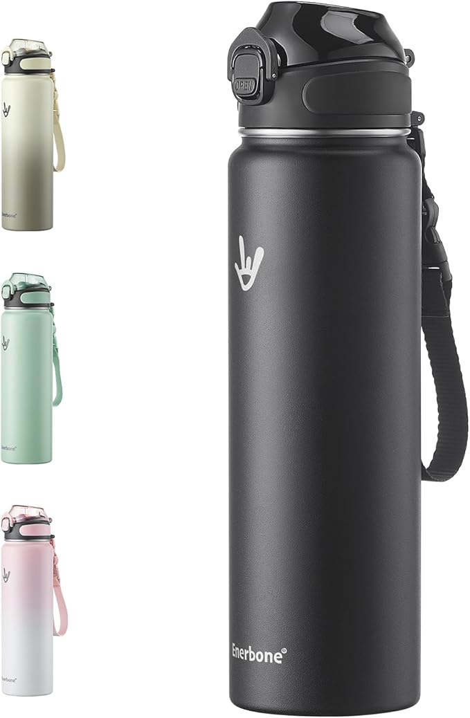 Enerbone 32 oz Insulated Water Bottle, Stainless Steel Bottle with Carrying Strap, Double-Wall Vacuum Insulation Design, Leakproof Sports Bottle with Straw, Keep Drinks Cold or Hot for Hours