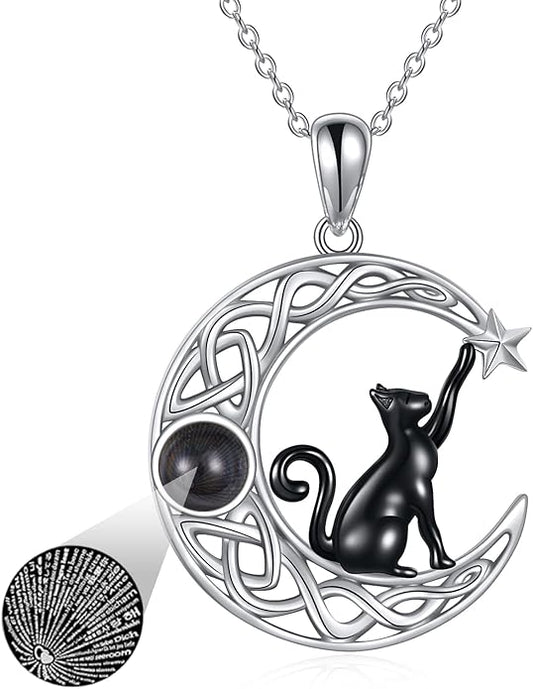 Celtic Moon Black Cat Necklace for Women - Abalone Tree of Life Sterling Silver Cat Lovers Jewelry