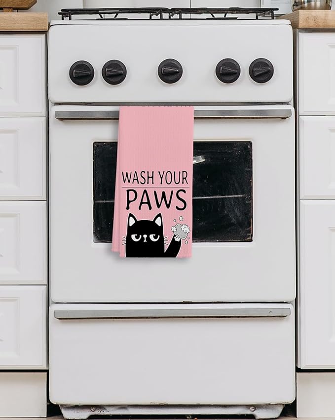 QIYUHOY Kitchen Towels and Dishcloths, 'Wash Your Paws', Cat Theme Gifts for Cat Lovers, Hand Towels, 24x16 Inch (Pink)