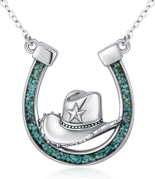 Midir&Etain Western Necklace 925 Sterling Silver Turquoise Pendant Cow Skull/Hat/Tag/Cactus Cowgirl Country Jewelry for Women Men