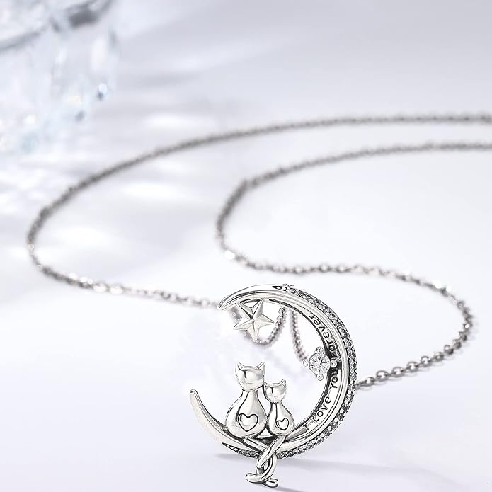 Odinstone Cat Necklace, S925 Sterling Silver Cat on Moon Pendant with Cubic Zirconia, Cat Jewelry Mothers Day Gifts for Mum with Gift Package - I Love You Forever
