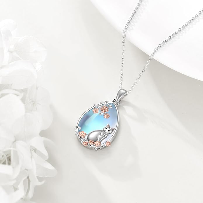 LUHE Moonstone Necklace 925 Sterling Silver Fox/Axolotl/Cat/Raccoon/Penguin/Frog/Panda/Highland Cow Pendant Necklace Animal Jewelry Gifts for Women