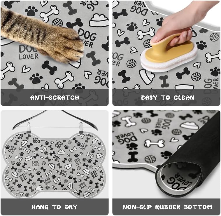 Dog Food Mats for Floors Waterproof, Pet Feeding Absorbent Water Bowl Mat Cat Placemats Gray Bone Shape 23.6 * 15.7 inch