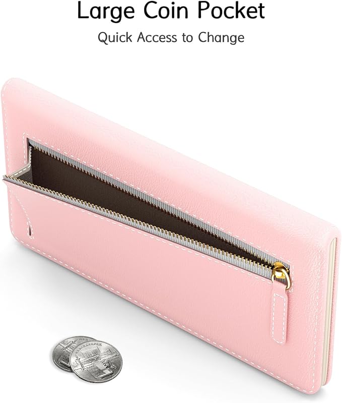 Nipichsha Womens Wallet, RFID Slim Wallets for Women, Thin Ladies Credit Card Holder Purse, Cute Leather Bifold Clutch Billfold with 11 Card Slots & ID Window, Pink