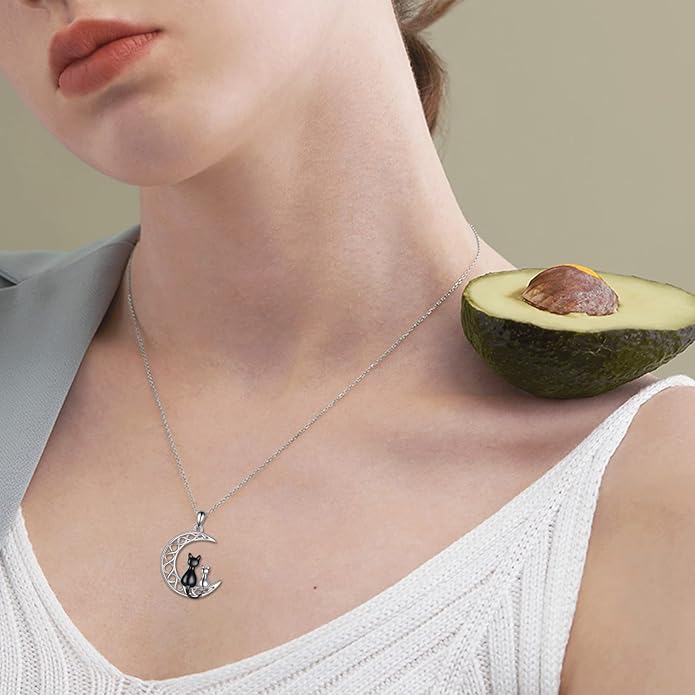 Black Cat Necklace for Women Sterling Silver Celtic Moon Cat Jewelry Gifts