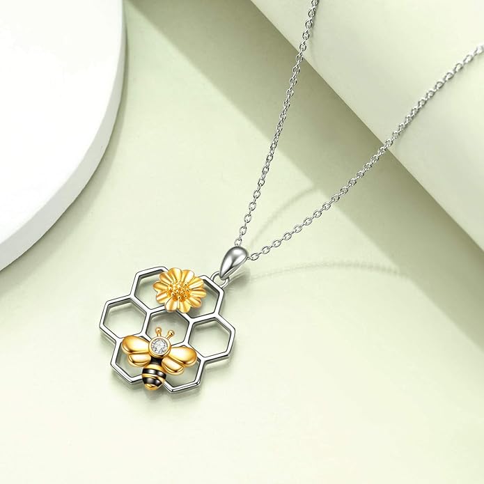 LUHE Bee Necklace 925 Sterling Silver Honeycomb Cute Flower Pendant Necklaces for Women Gifts for Her Women