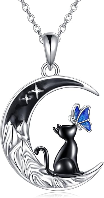 TIGER RIDER Moon Cat Necklace 925 Sterling Silver Blue Butterfly Black Jewelry Gifts Birthday Christmas Gifts for Women Wife Cat Lovers