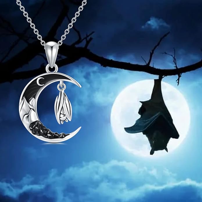 Gothic Jewelry Bat/Cat/Wolf/Dragon/Owl/Fox/Spider/Sun Pendant Sterling Silver Crescent Moon Necklace for Women Girls Black Jewelry Gifts