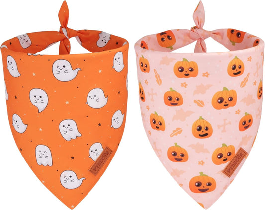 PTDECOR Halloween Dog Bandana, Cute Ghost Pumpkin Design Reversible Holiday Pet Scarf, Adjustable Orange Yellow Halloween Bandanas for X-Large Dogs Pets(X-Large)